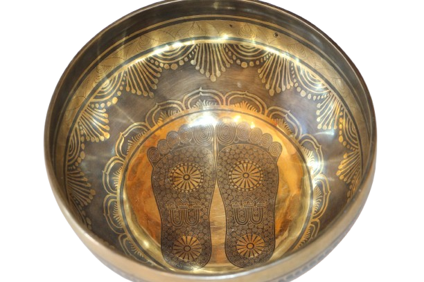 Buddha lábnyoma kézzel készített 7 fémes dizájn hangtál, 1102 gramm